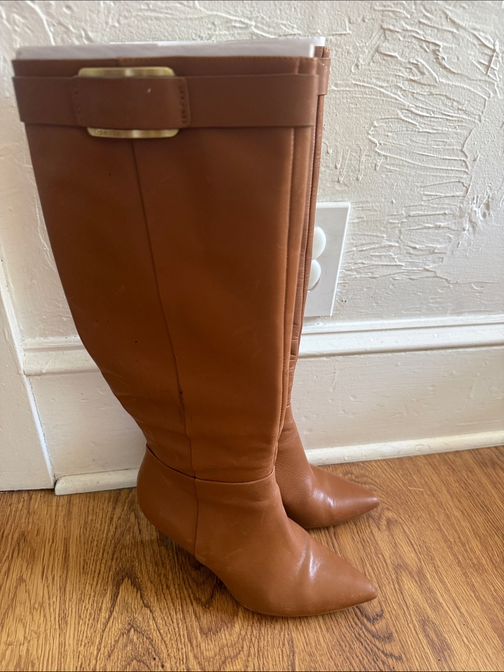 Calvin Klein Cognac Knee-High Pointed-Toe Boots